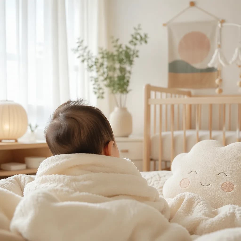 Soft pastel Korean-inspired nursery with a cozy baby blanket and gentle morning light.