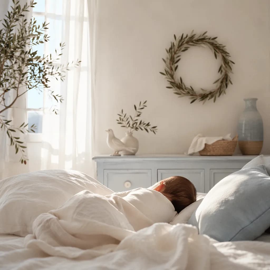 A serene Greek-inspired nursery with a sleeping baby, olive branches, and soft natural light.
