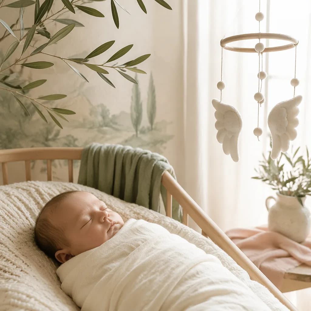 Sleeping swaddled baby in a soft Italian-inspired nursery with olive branch decor.