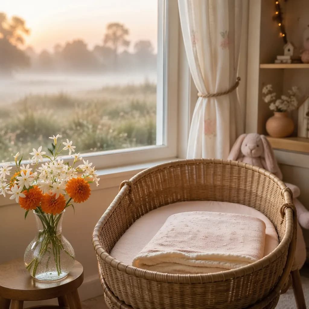 Soft pastel nursery with misty morning light, flowers, and a cozy baby bassinet.