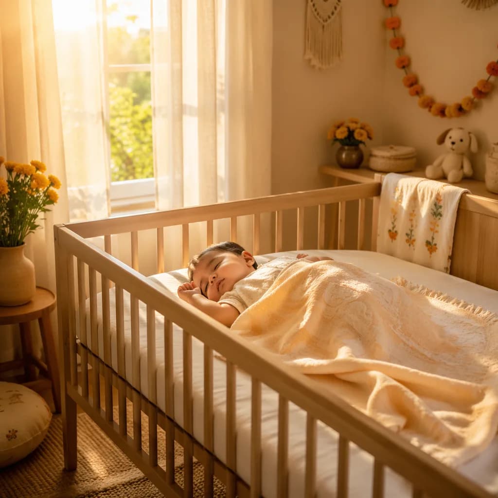 A peaceful baby sleeping in a warm sunlit nursery with soft pastel decor.