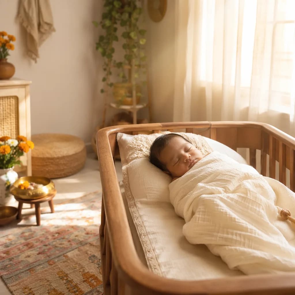 Sleeping newborn in a softly lit nursery with warm sunrise accents and gentle Indian-inspired decor.