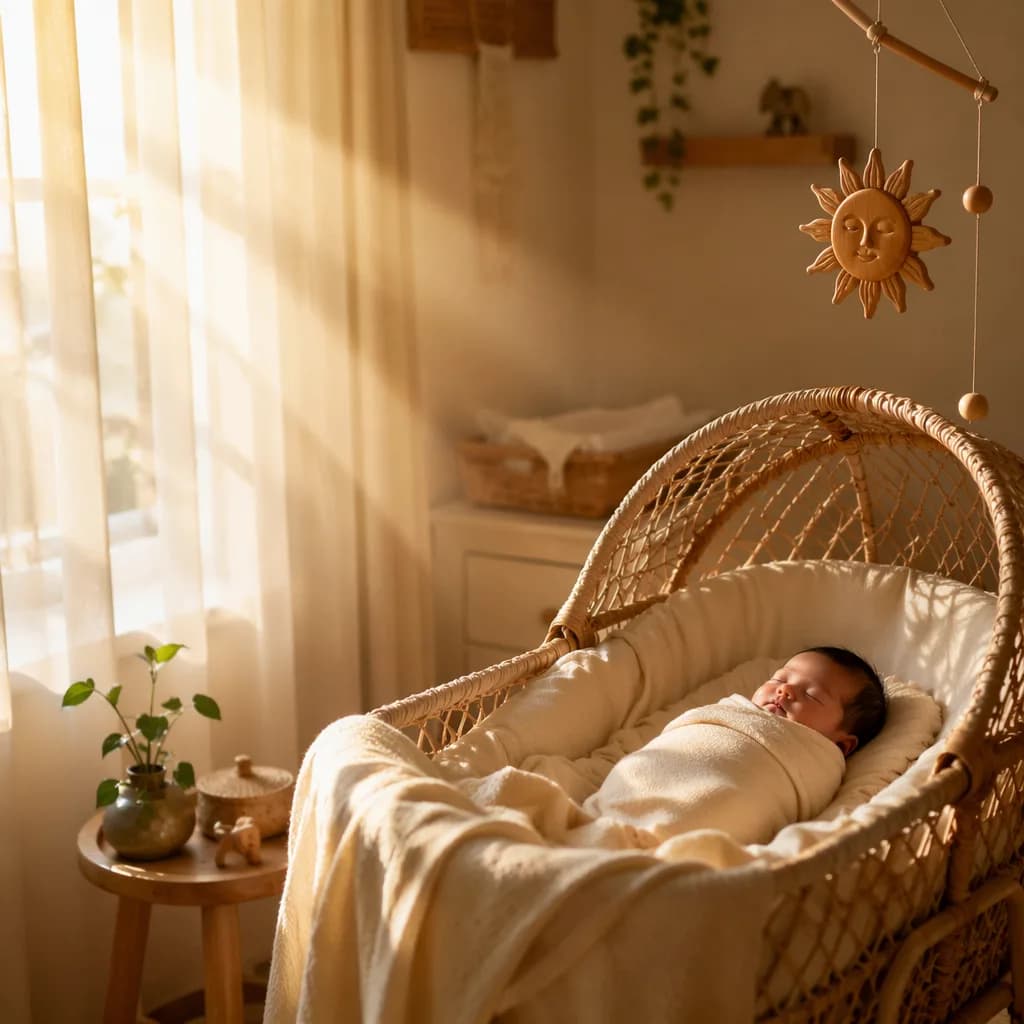 A cozy pastel nursery with a sleeping swaddled baby bathed in gentle morning sunlight.