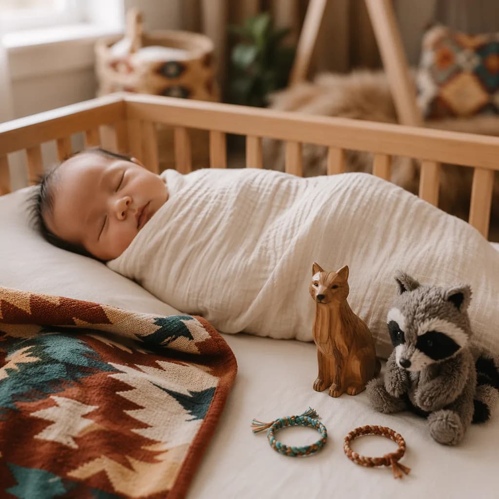 Sleeping baby in a cozy pastel nursery with a wooden toy and friendship bracelets.