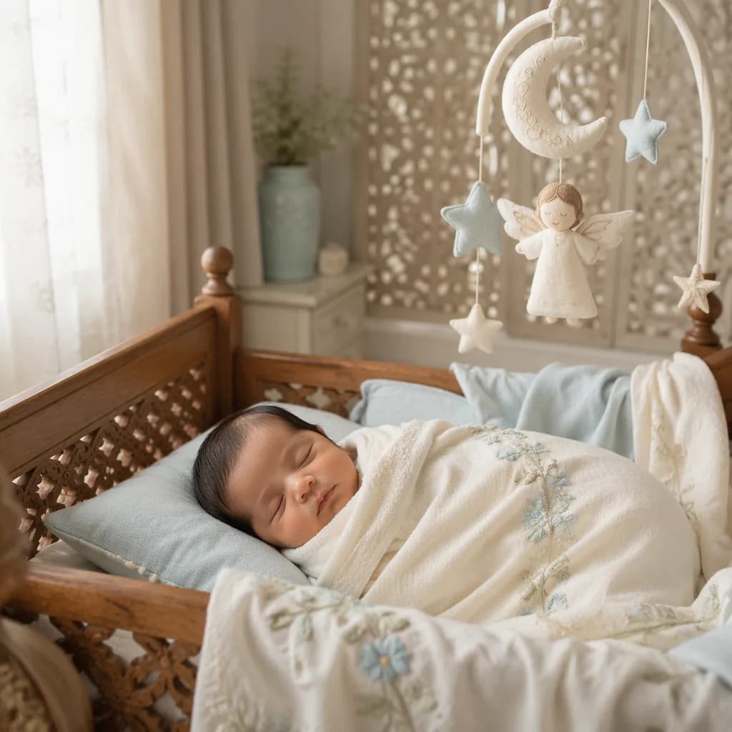 Peaceful newborn in a soft pastel Urdu-inspired nursery with protective star and moon mobile.
