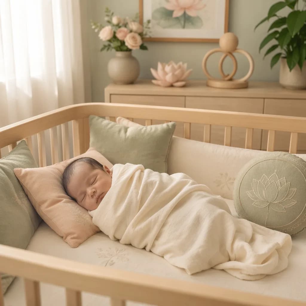 Peaceful swaddled baby in a warm pastel nursery with subtle lotus-inspired decor.