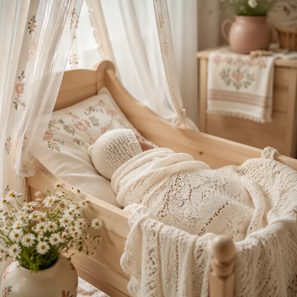 Sleeping baby in a cozy pastel nursery with soft Russian-inspired details.