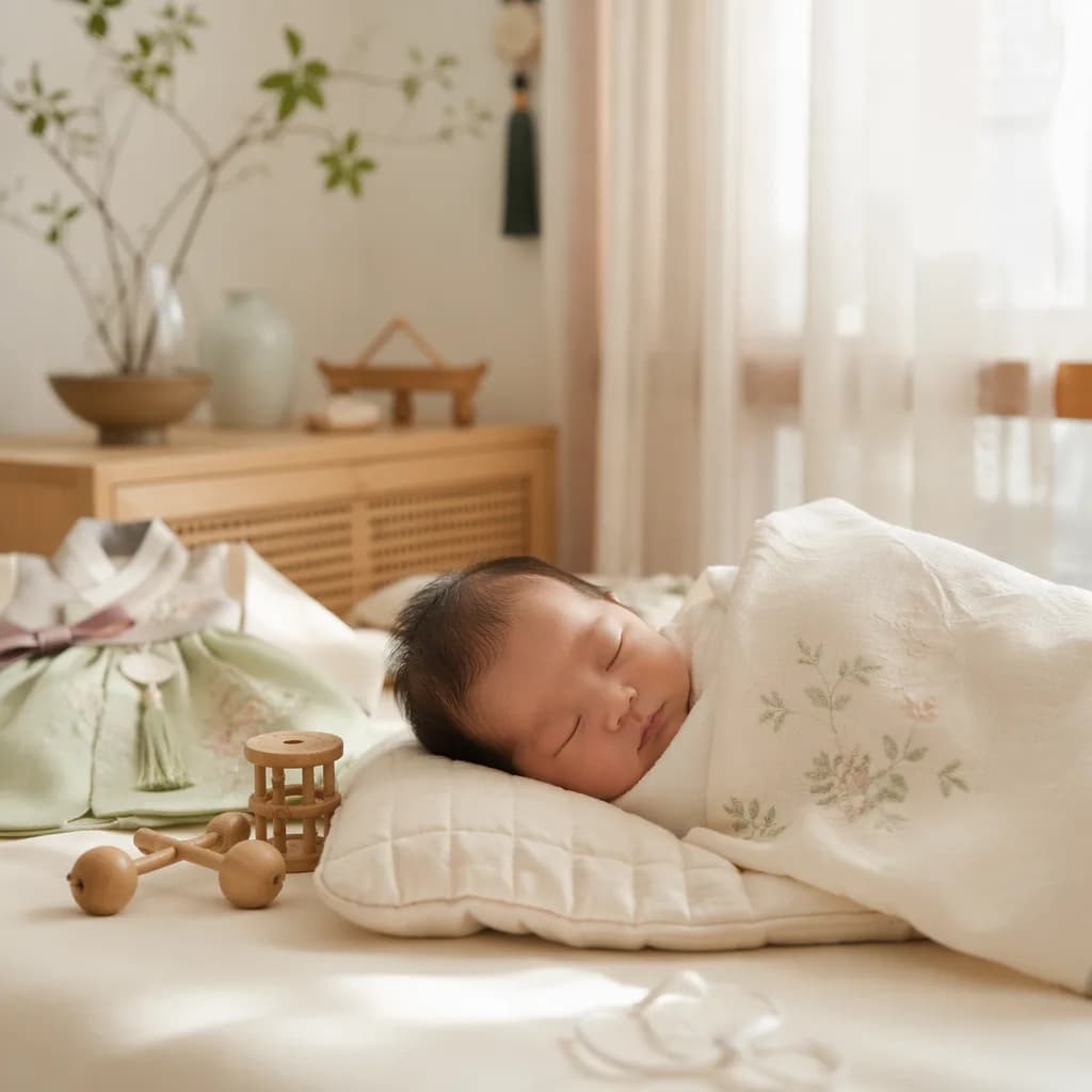 Sleeping newborn in a soft Korean-inspired nursery with pastel hanbok accents.