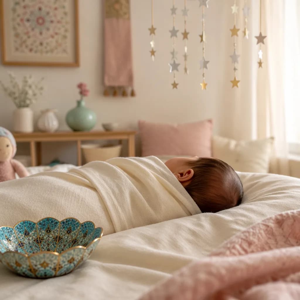 A peaceful swaddled baby in a soft pastel nursery with Persian-inspired turquoise and star details.