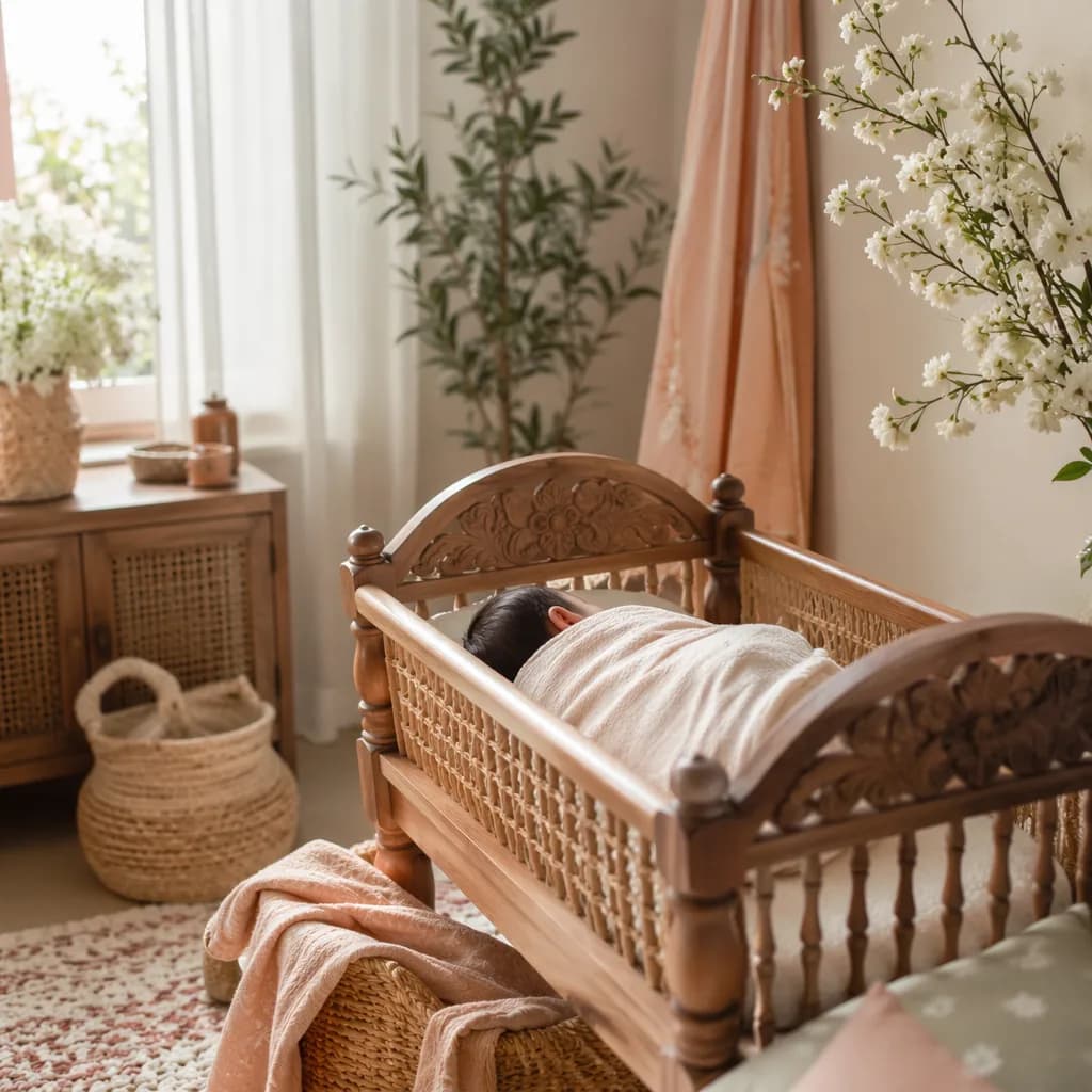 A softly lit pastel nursery with a swaddled newborn and gentle spring-inspired details.