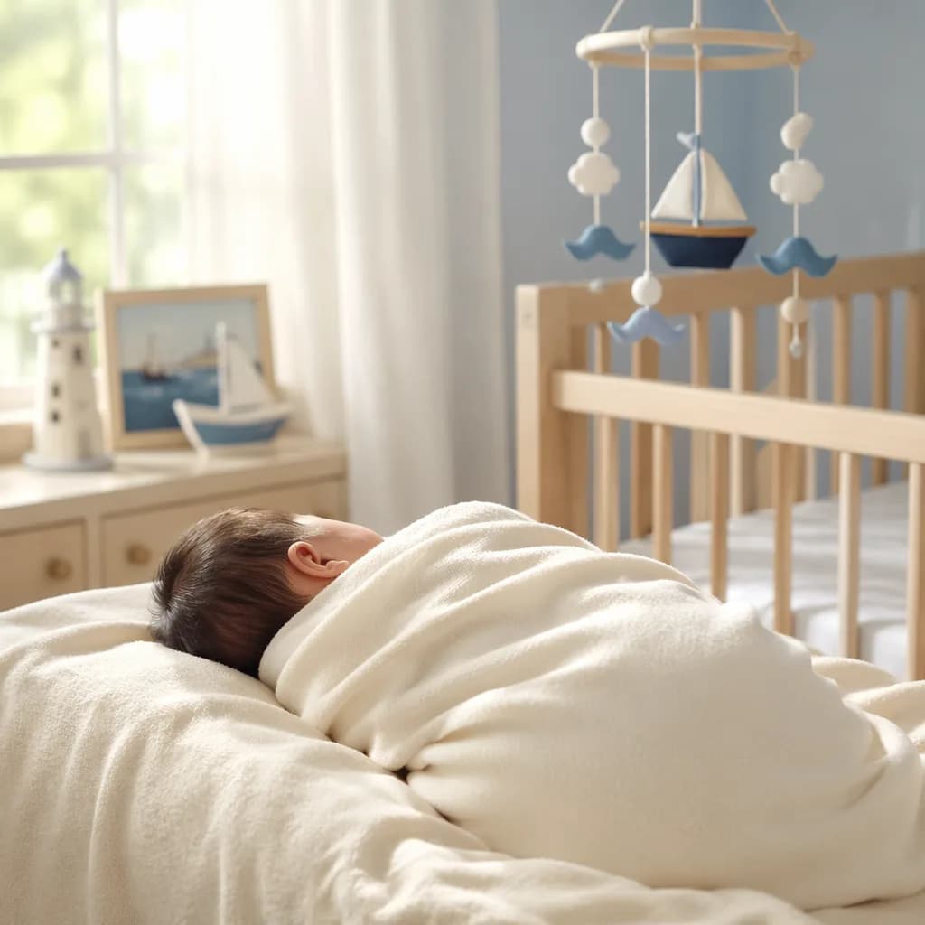 Sleeping swaddled baby in a soft pastel nursery with gentle harbor-inspired decor.