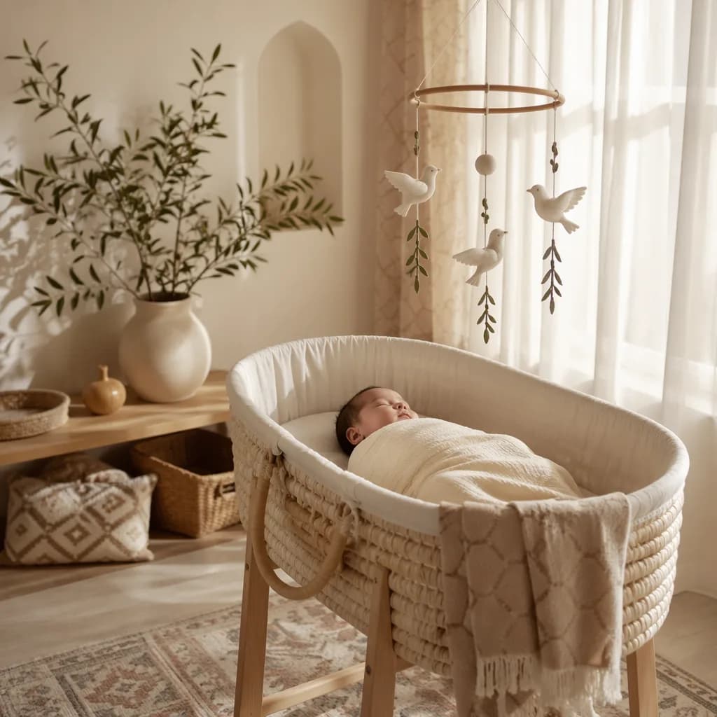 Serene pastel nursery with a swaddled baby, dove mobile, and olive branch decor.