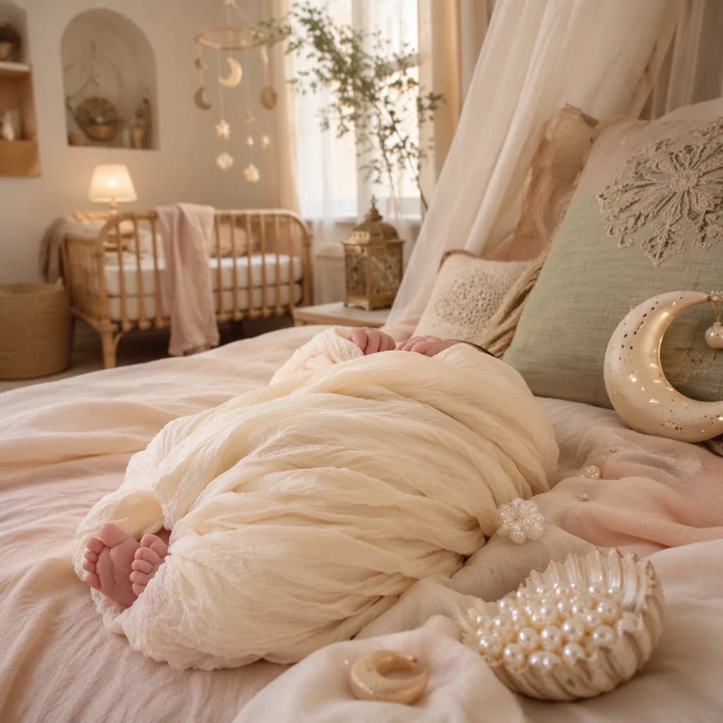 A softly swaddled newborn in a warm pastel nursery with delicate pearl-inspired details.