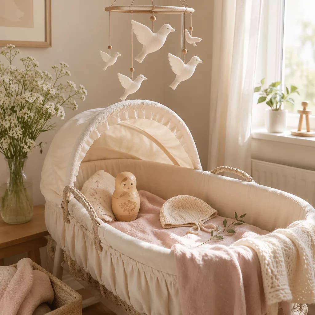 Soft pastel Russian-inspired nursery with bassinet, knitted baby items, flowers, and dove mobile.