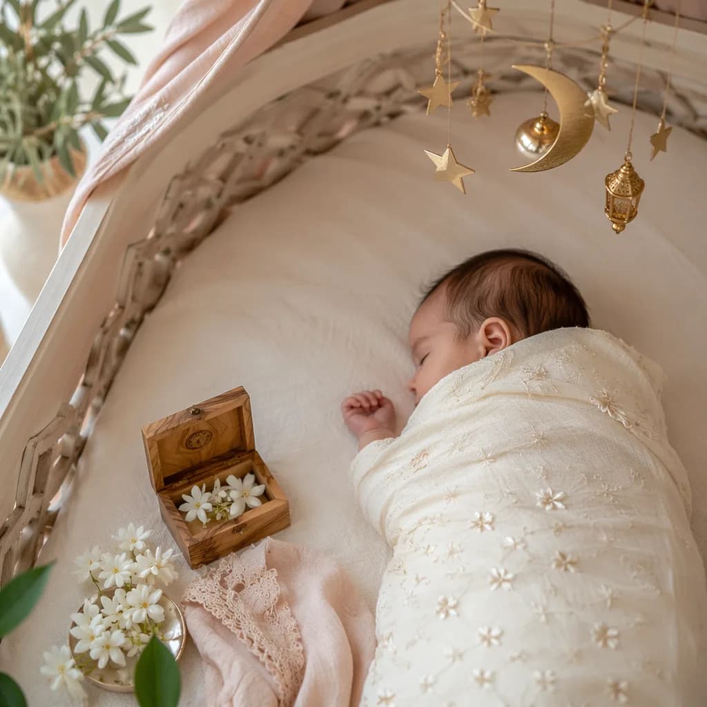 Sleeping swaddled baby in a soft Arabic-inspired nursery with jasmine flowers and a moon mobile.