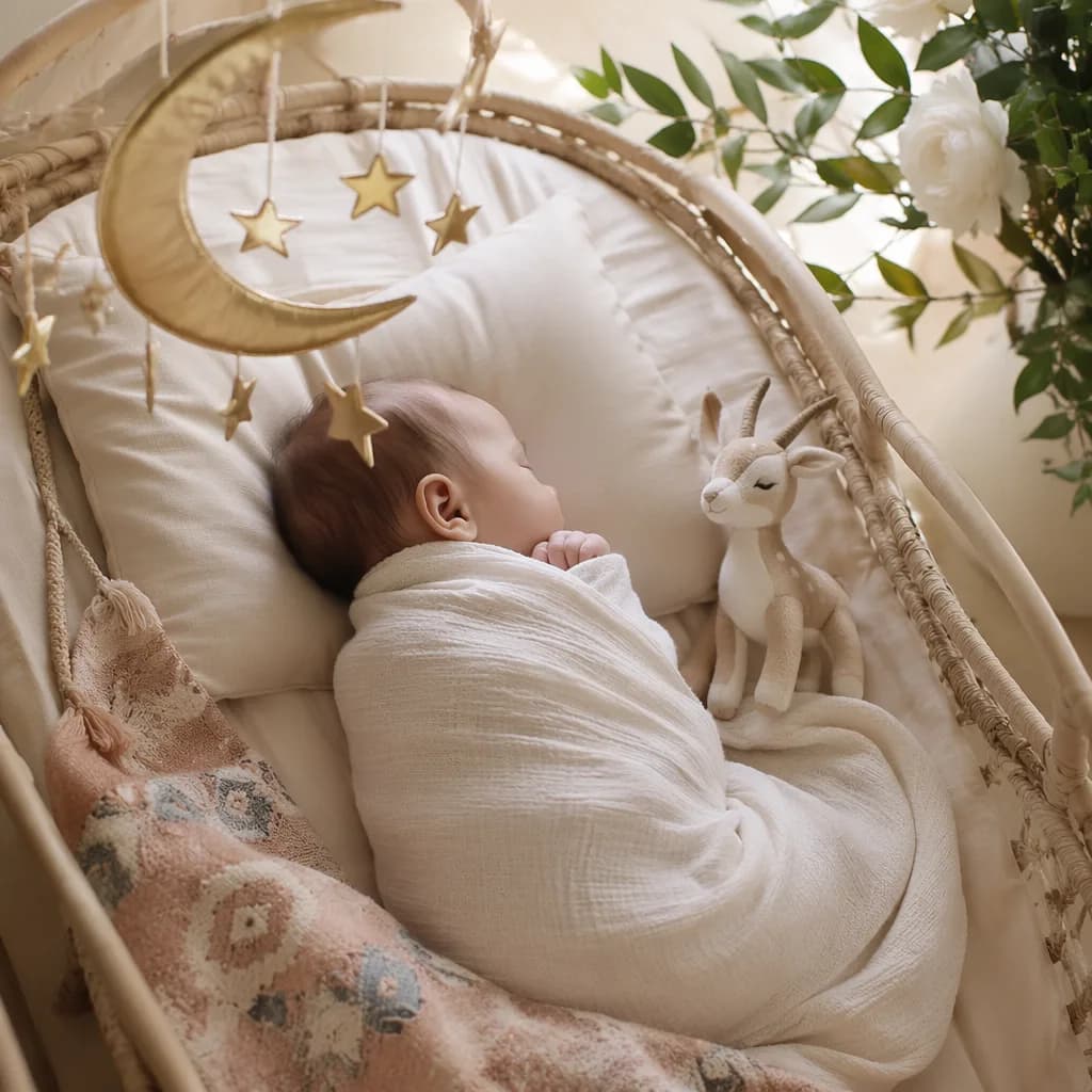 Sleeping swaddled baby in a soft Turkish-inspired nursery with crescent moon and gazelle details.