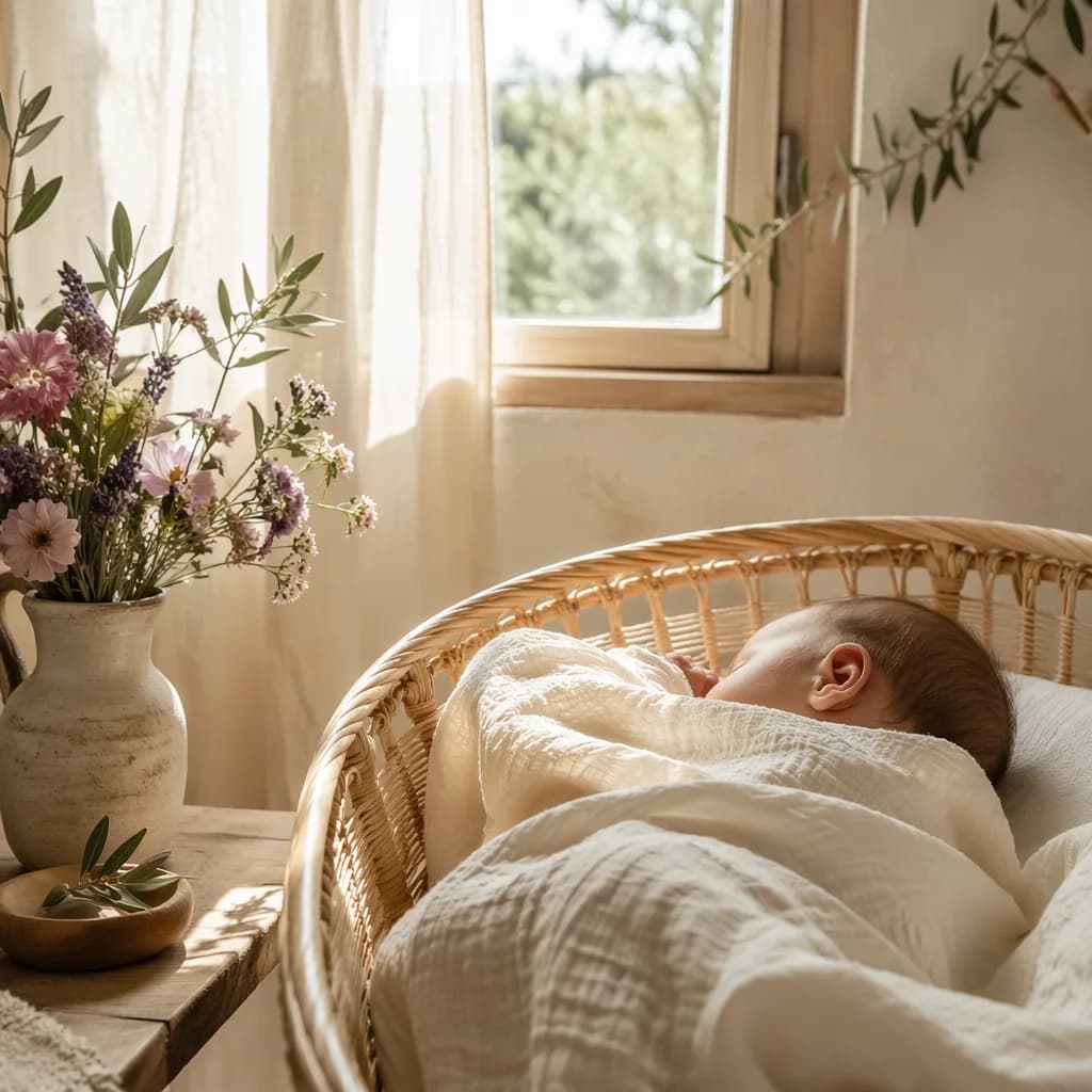 A peaceful baby nursery with a sleeping baby, pastel flowers, and warm Mediterranean light.