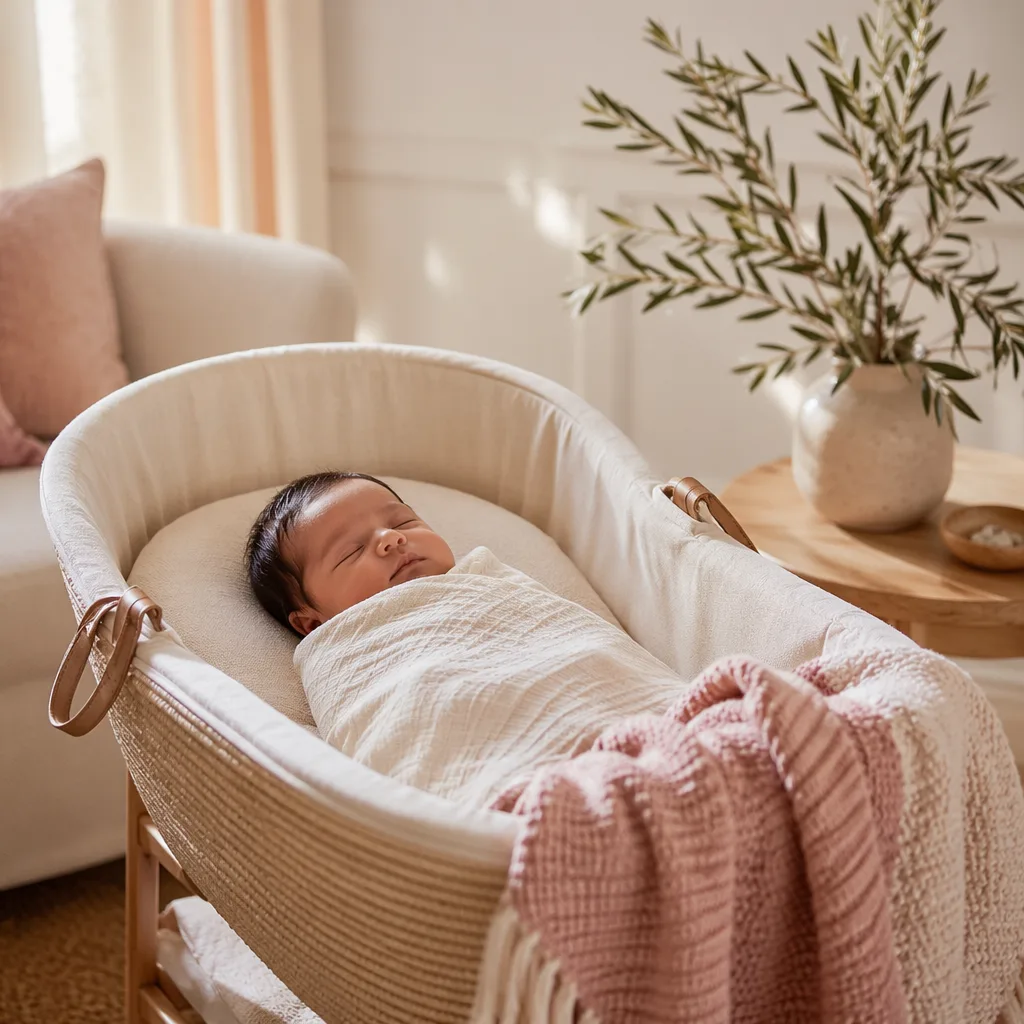 A peaceful newborn in a soft pastel nursery with warm natural light and delicate olive branches.