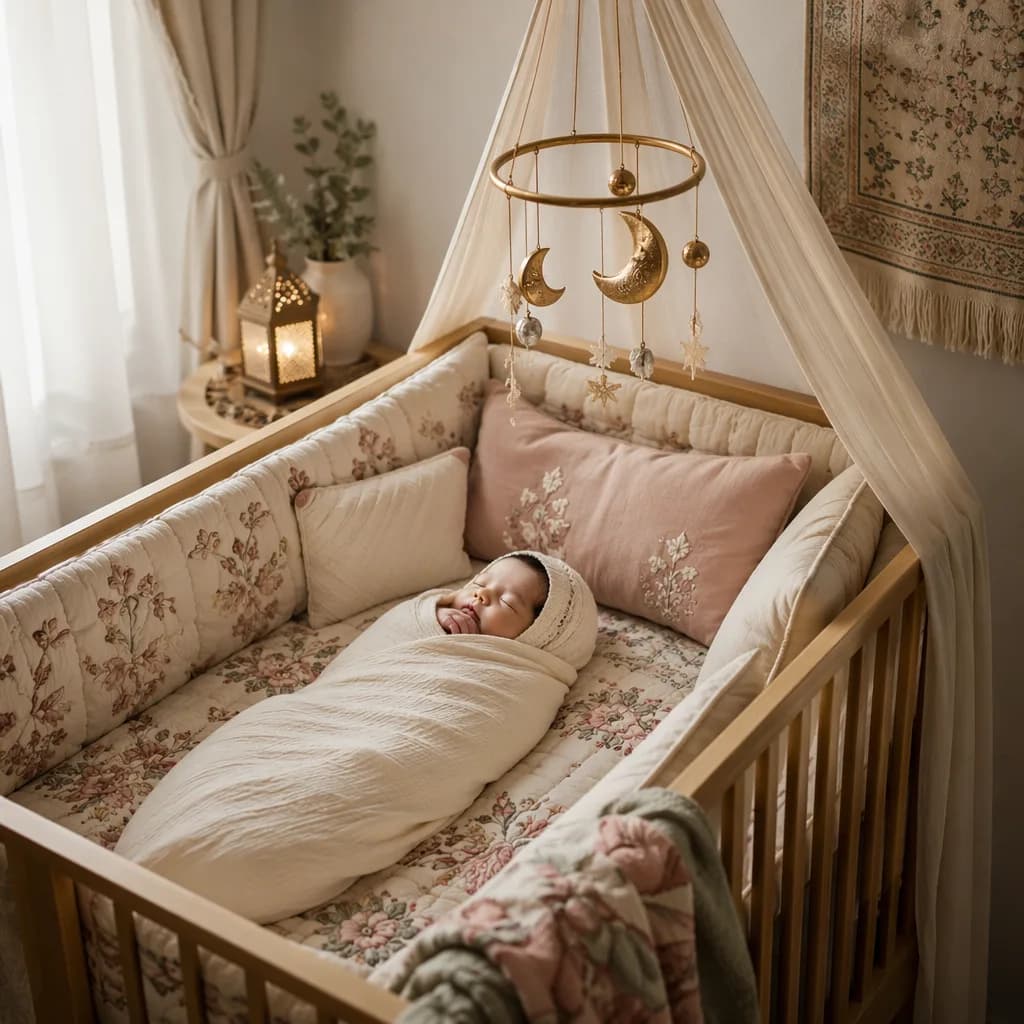 A peaceful newborn in a soft pastel nursery with gentle South Asian-inspired details.