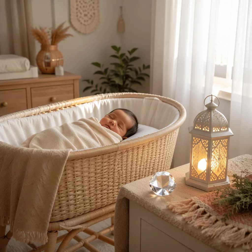 A softly lit pastel nursery with a sleeping baby, a glowing lantern, and a crystal keepsake.