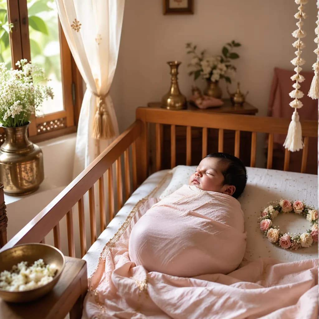 A peaceful pastel nursery with a swaddled baby and delicate floral crown.