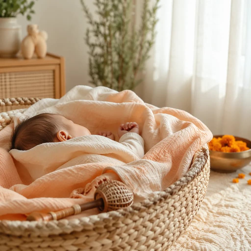 Sleeping baby in a soft pastel nursery with gentle Indian-inspired details.