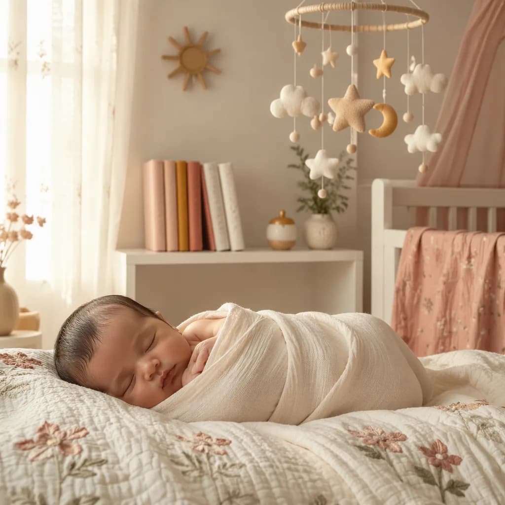 Peaceful swaddled newborn in a softly lit pastel nursery with subtle Indian-inspired details.