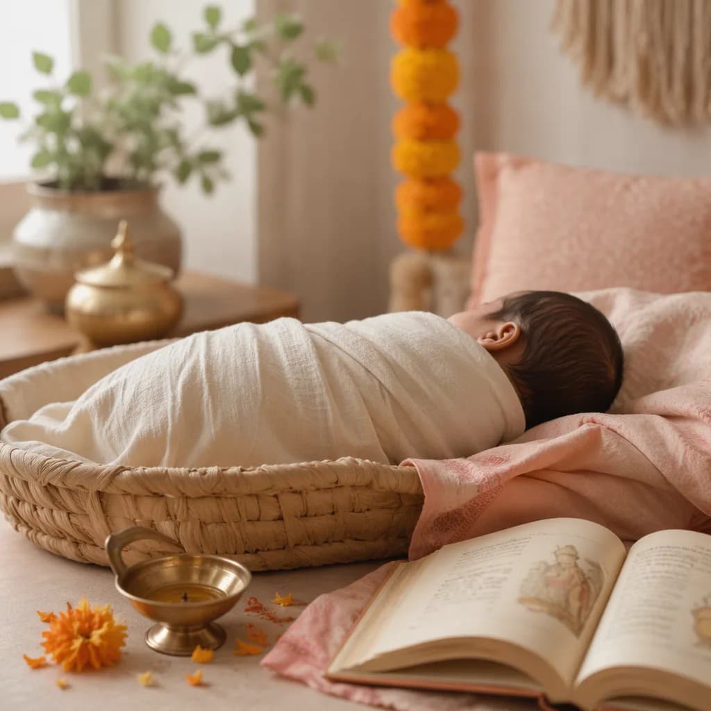 Peaceful newborn in a soft pastel nursery with Indian-inspired details symbolizing wisdom and love.