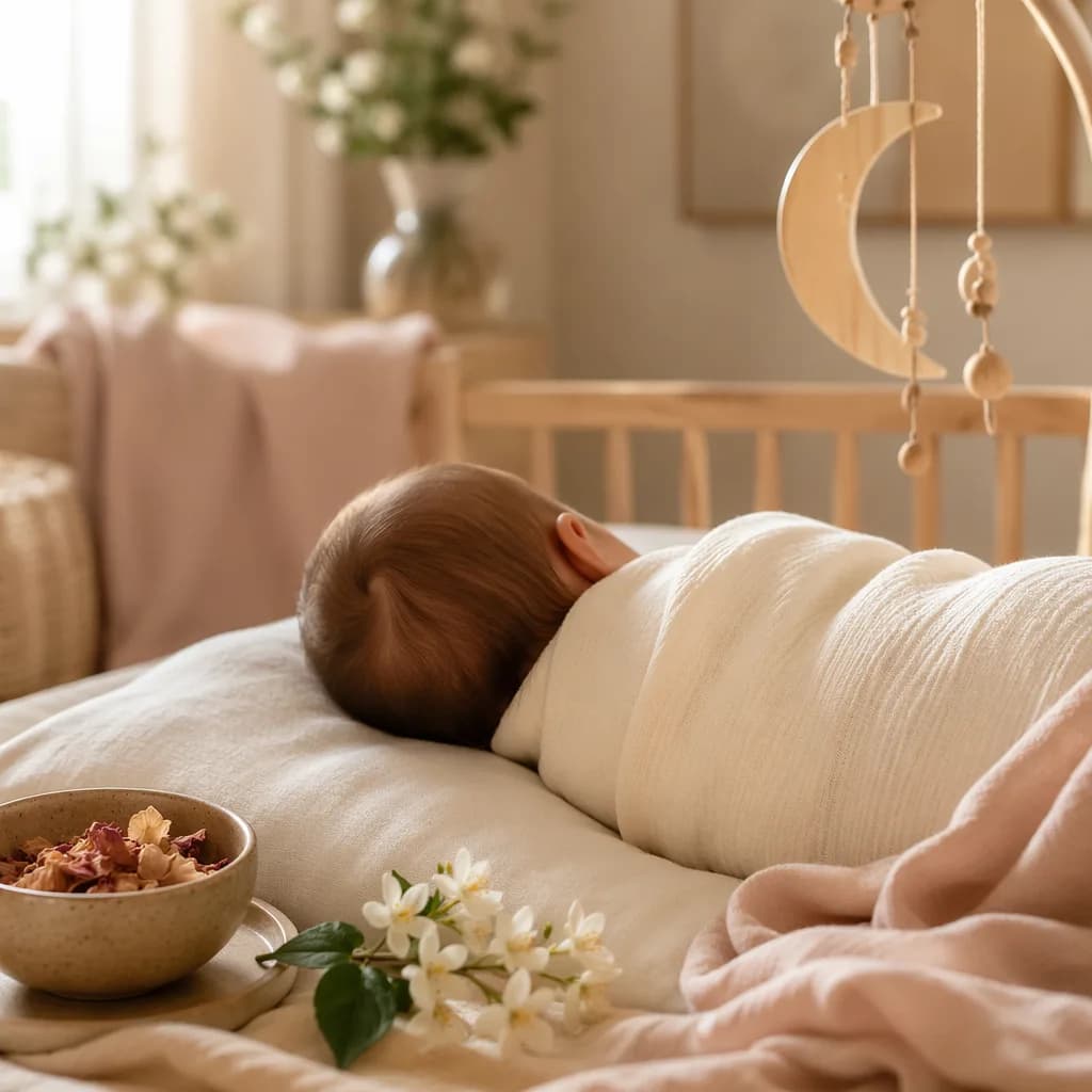 A softly lit pastel nursery with a swaddled baby and gentle floral details symbolizing fragrance and abundance.