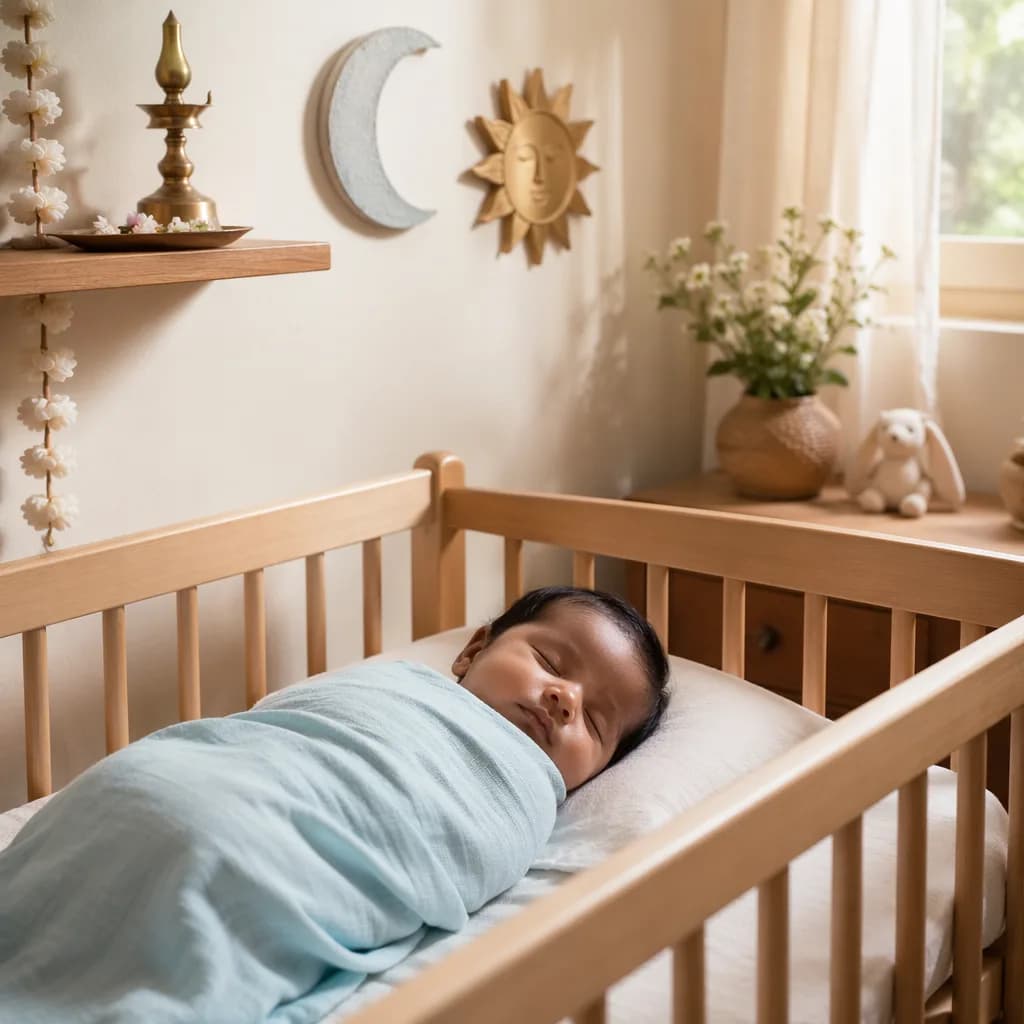 A peaceful Tamil-inspired nursery with a sleeping baby, soft moon and sun decor, and gentle pastel light.