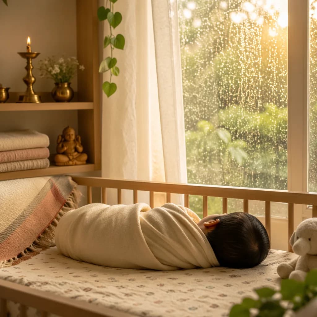 A softly lit nursery with a swaddled baby, warm sunlight, and rain on the window.