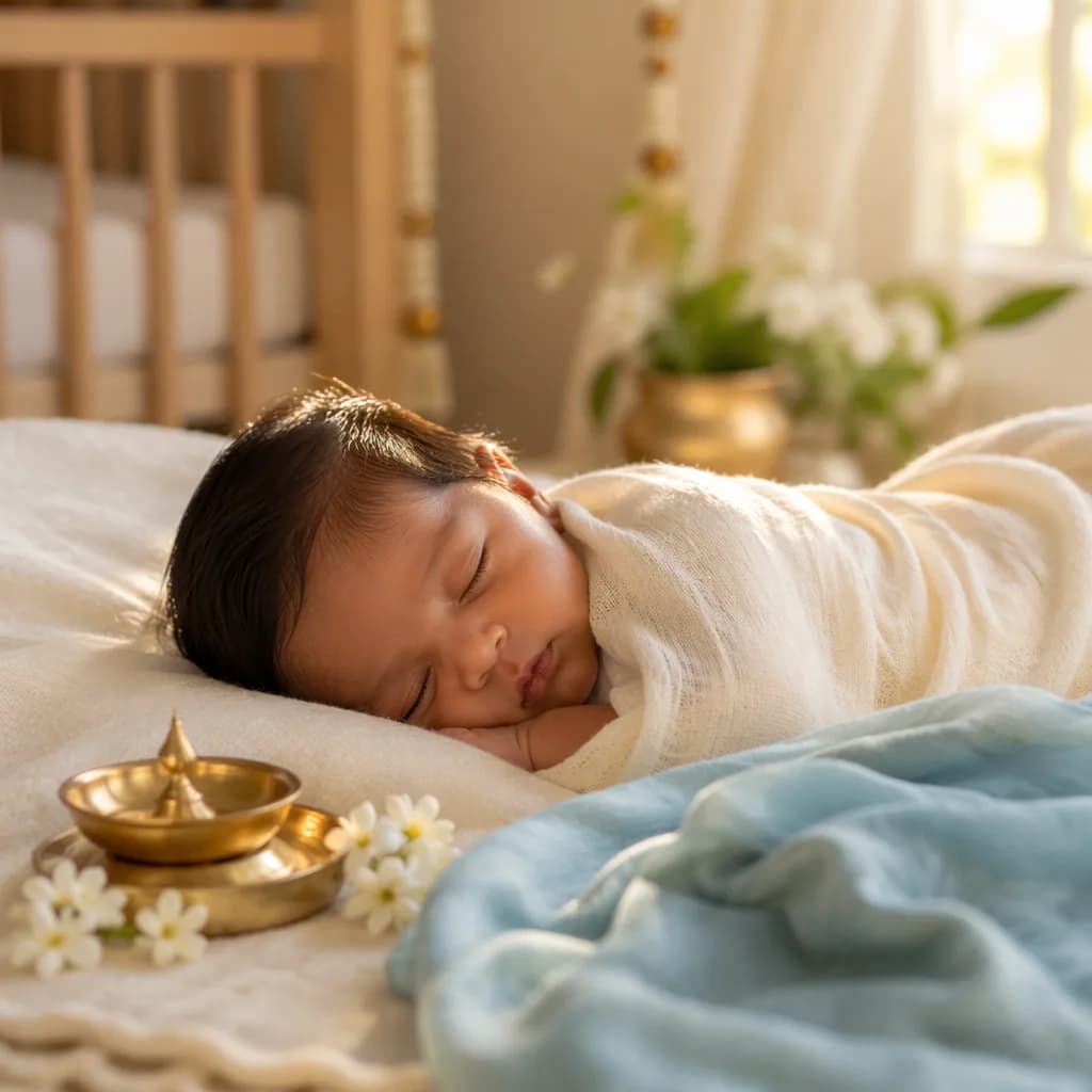 Sleeping newborn in a warm pastel Tamil-inspired nursery with jasmine and soft blue accents.