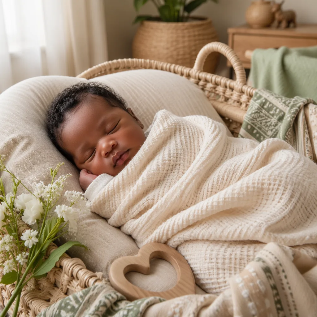 A peaceful newborn in a warm pastel nursery with subtle Yoruba-inspired decor.