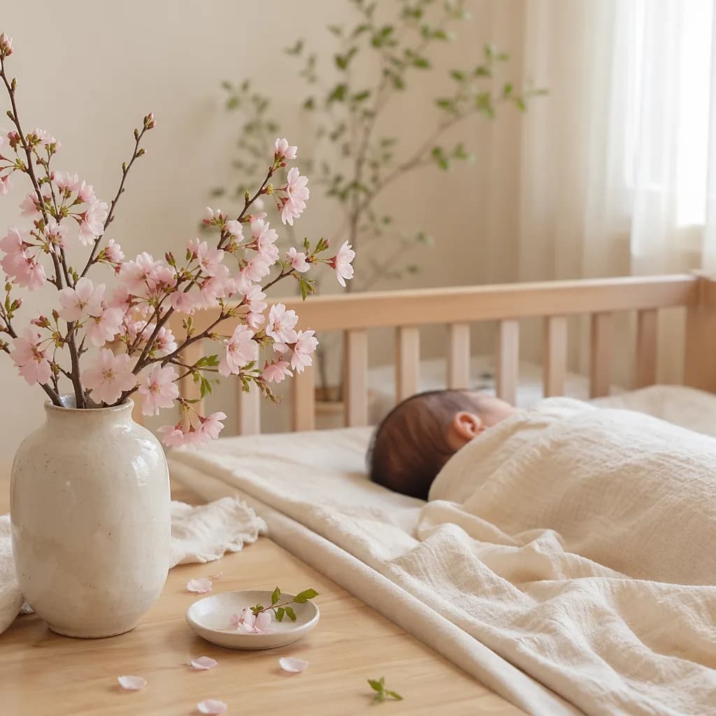 Soft Japanese-inspired nursery with a swaddled baby and pale cherry blossoms.
