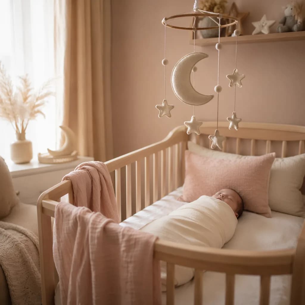 A softly lit pastel nursery with a swaddled sleeping baby and crescent moon mobile.