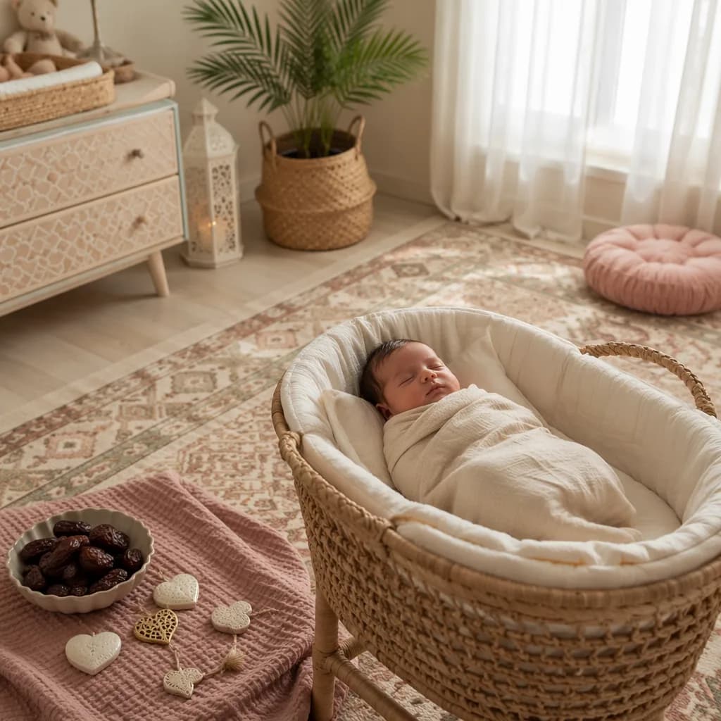 Sleeping newborn in a warm pastel Arabic-inspired nursery with soft natural light.