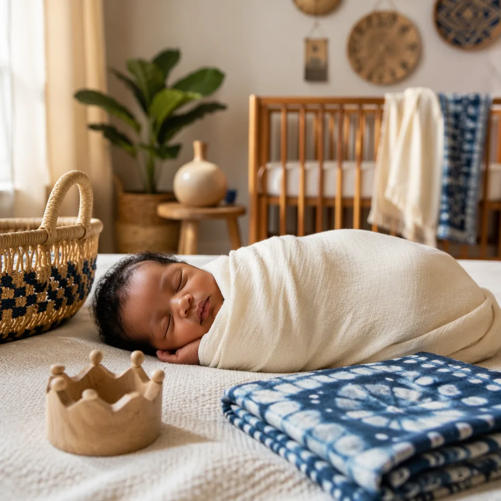 Sleeping newborn in a soft Yoruba-inspired nursery with pastel adire blanket and wooden keepsake.