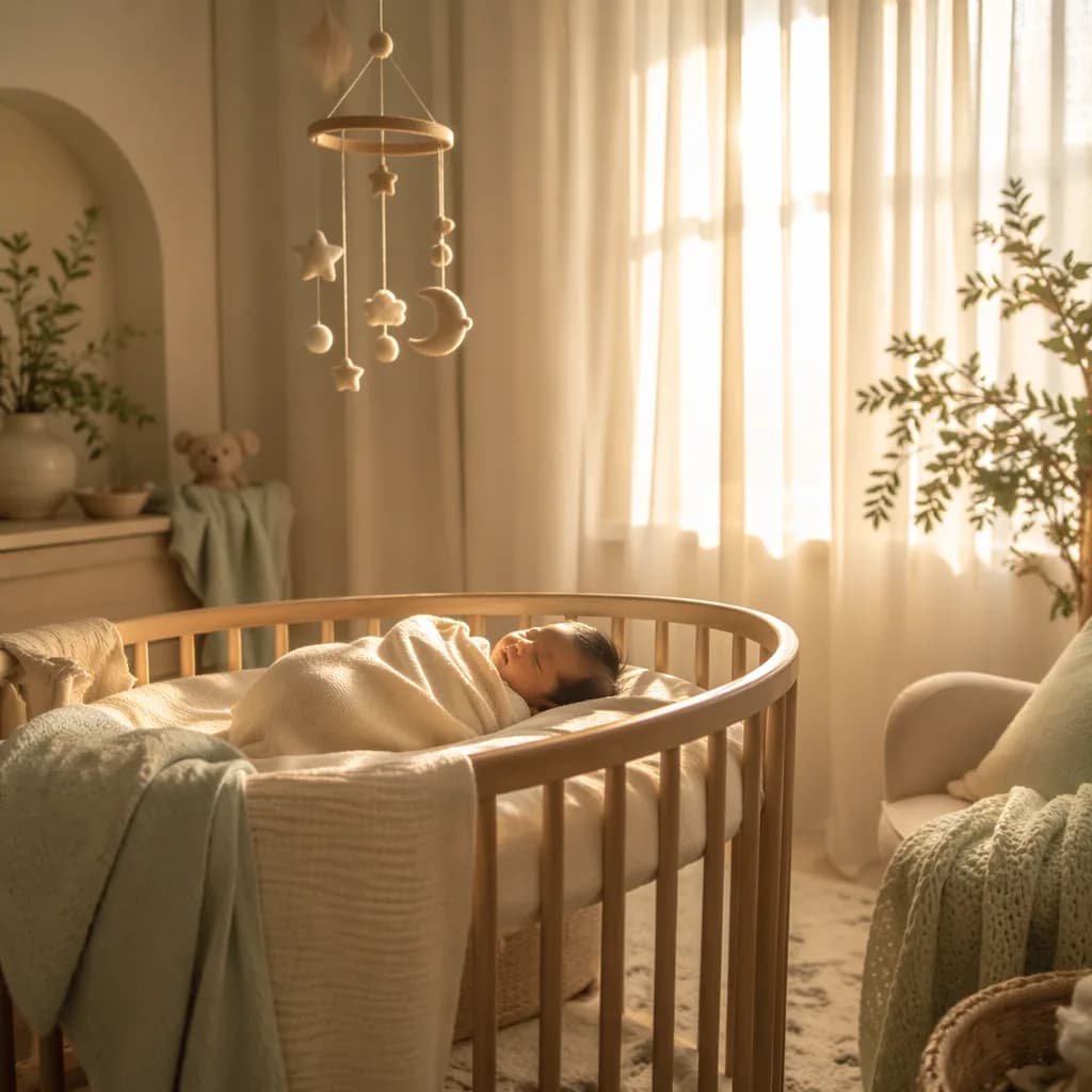 A serene pastel nursery with a swaddled sleeping baby in warm golden light.