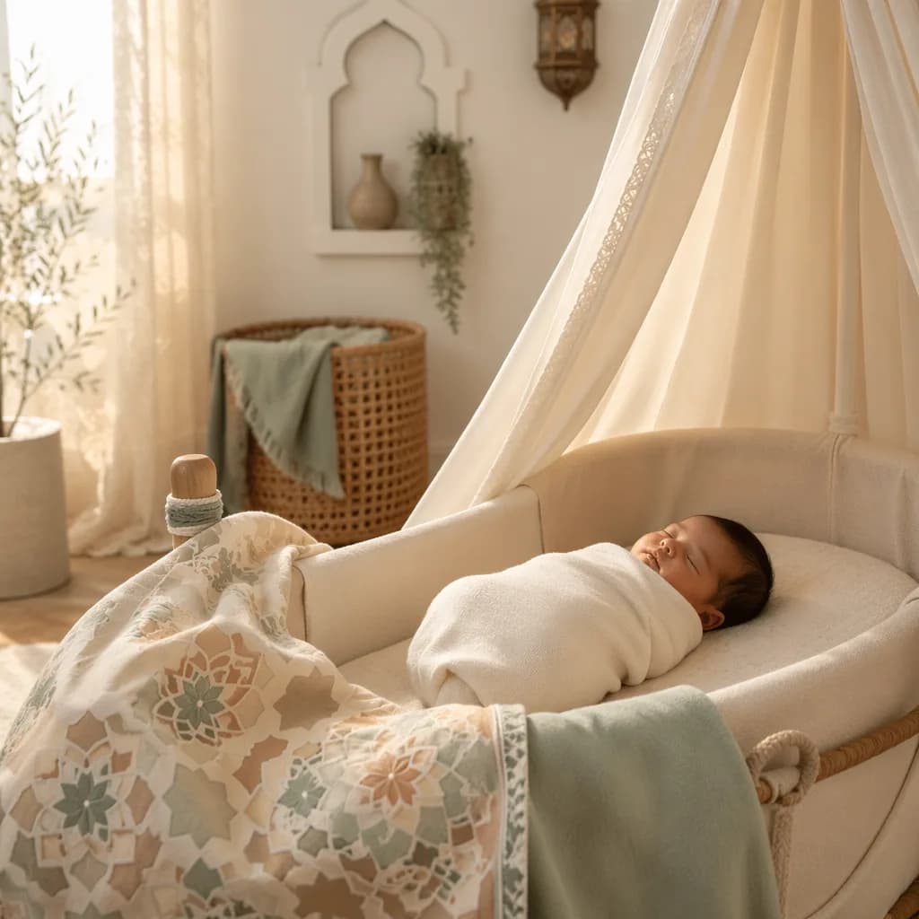 Peaceful swaddled baby in a softly lit cozy nursery with protective canopy.