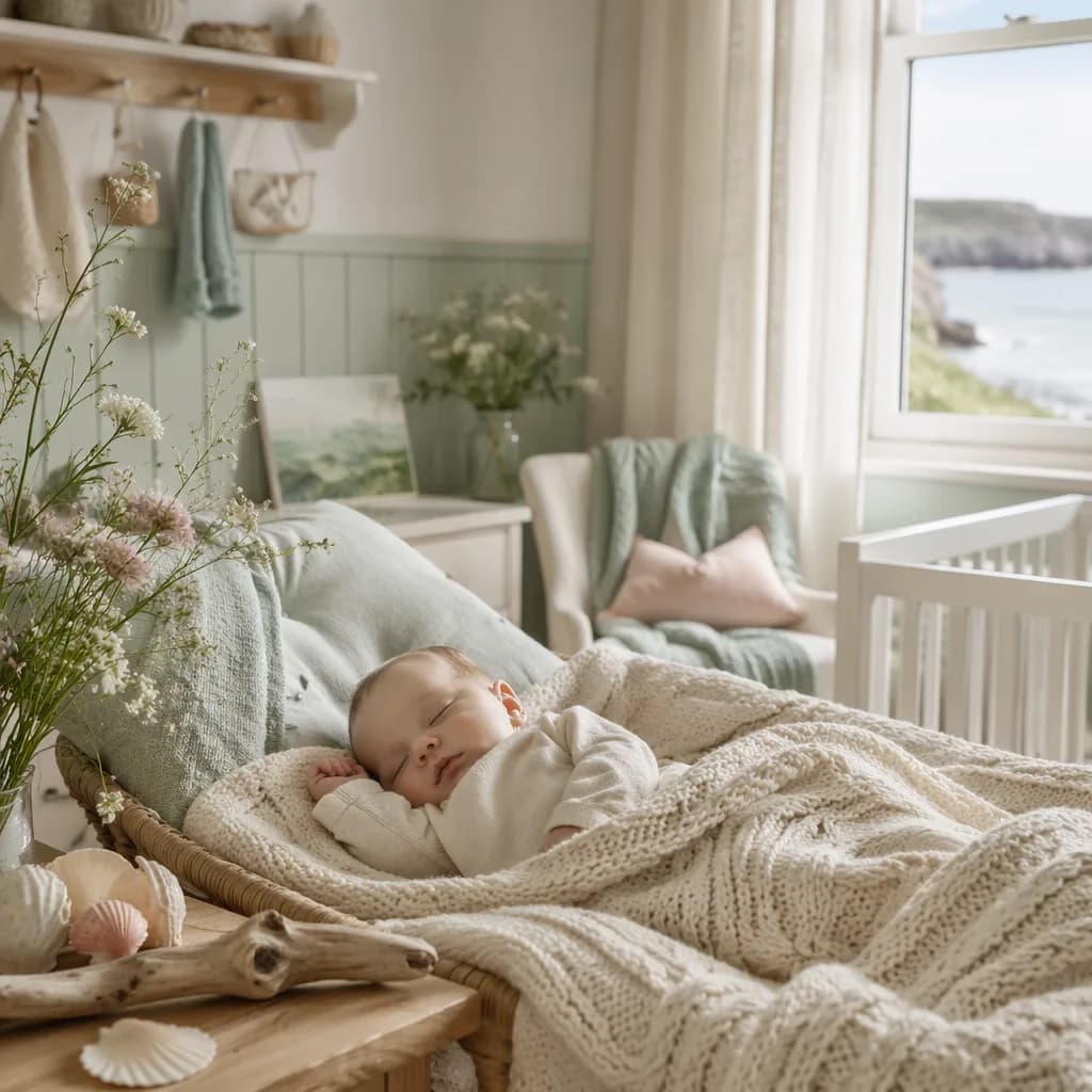 Sleeping baby in a soft Irish coastal-inspired nursery with seafoam accents and gentle natural light.