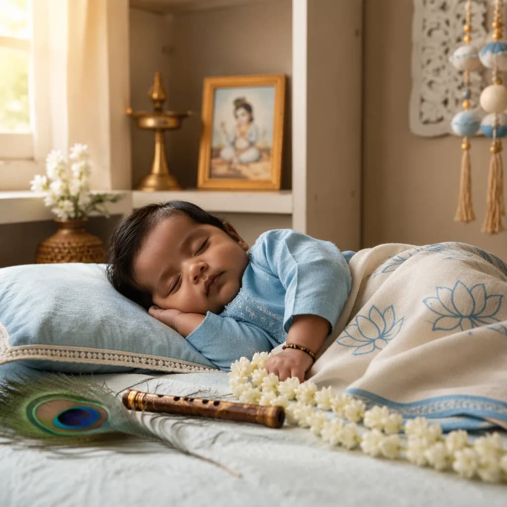 Sleeping baby in a soft Tamil-inspired nursery with lotus and peacock feather details.