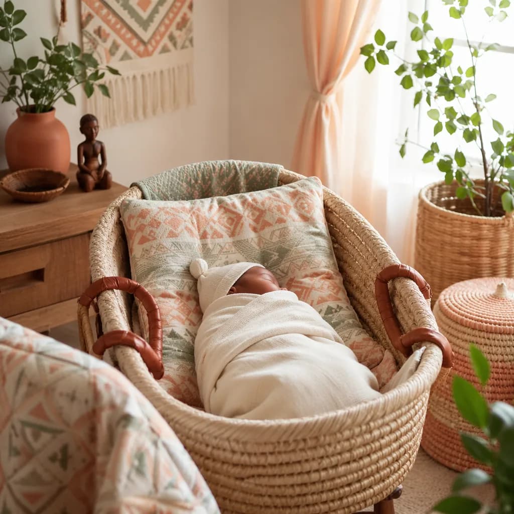 Sleeping swaddled baby in a soft Igbo-inspired nursery with warm natural light.