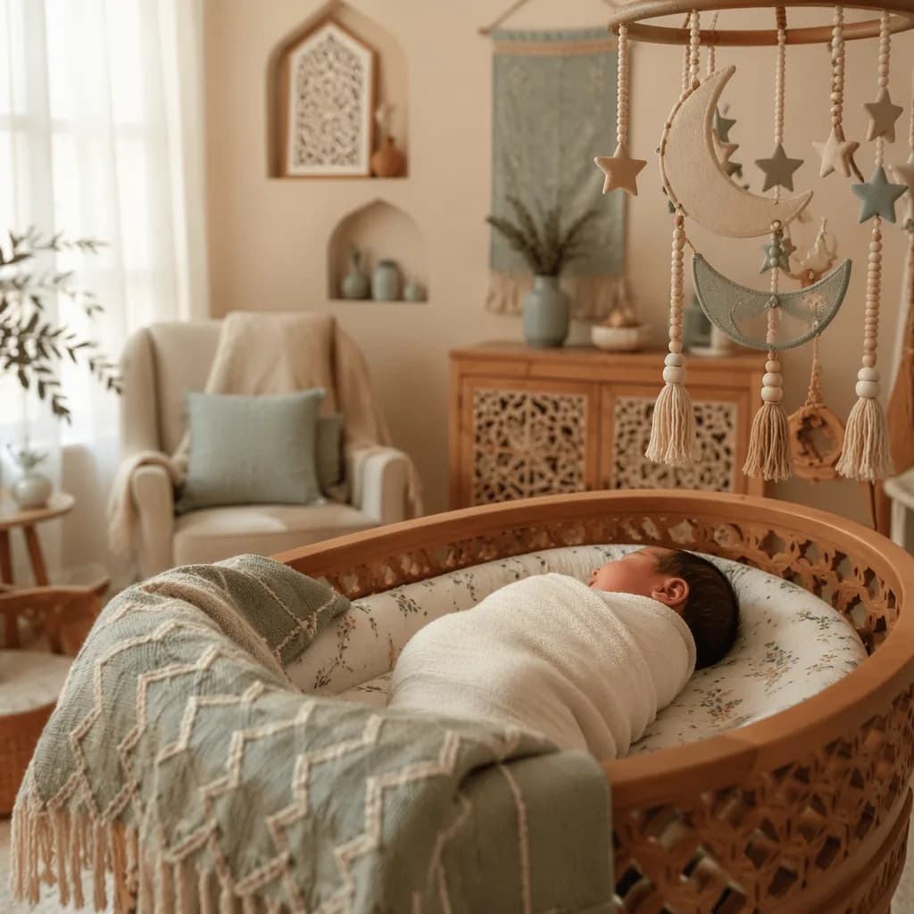 A peaceful newborn in a soft pastel nursery with gentle Urdu-inspired decor.
