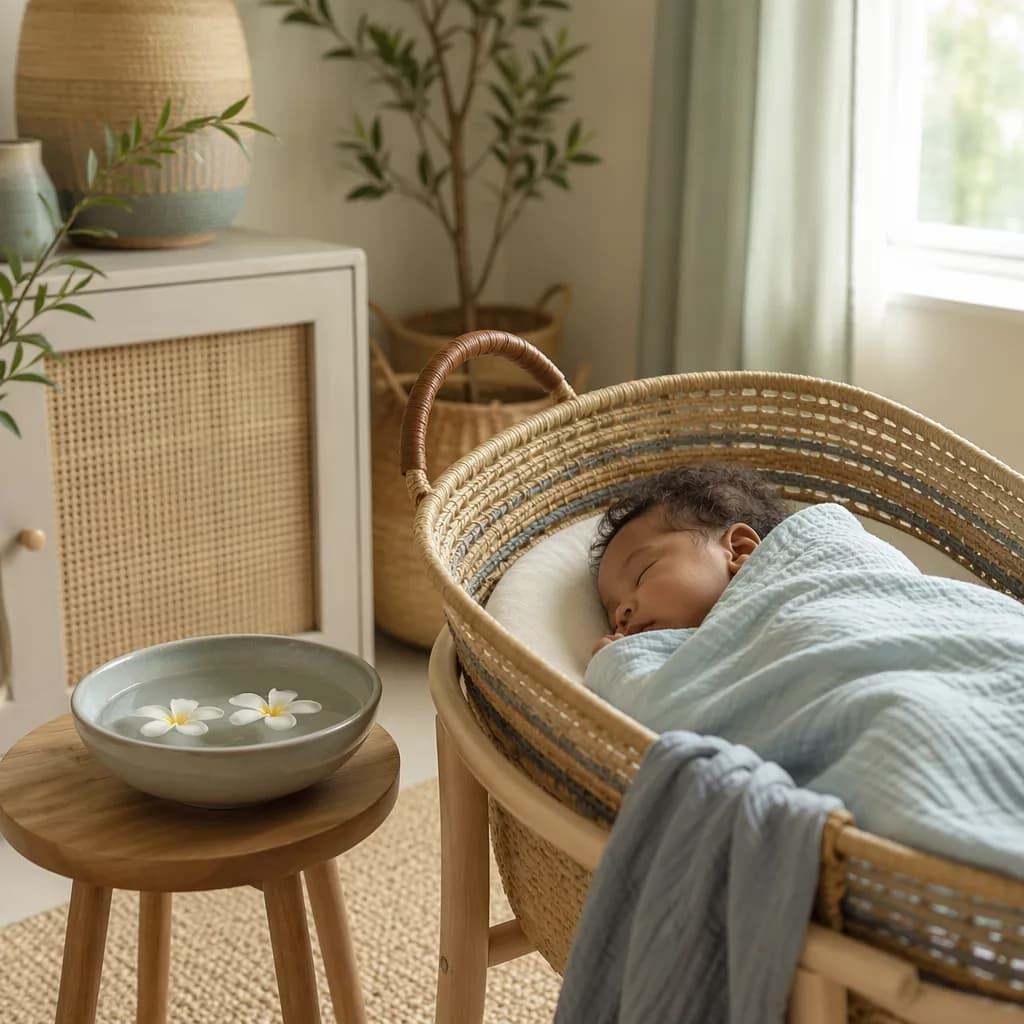 Sleeping baby in a soft Swahili-inspired nursery with gentle water symbolism.