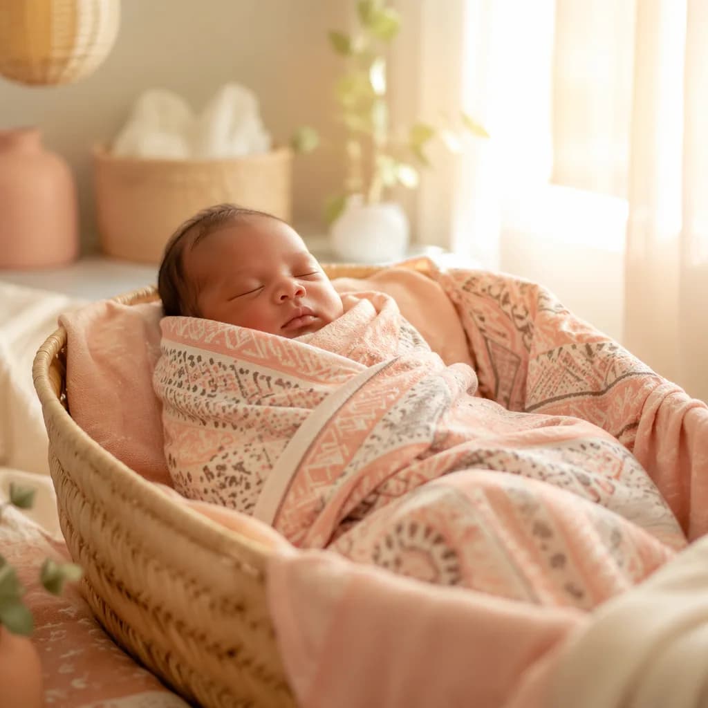 A peaceful newborn in a pastel kanga-inspired swaddle in a warm, cozy nursery.