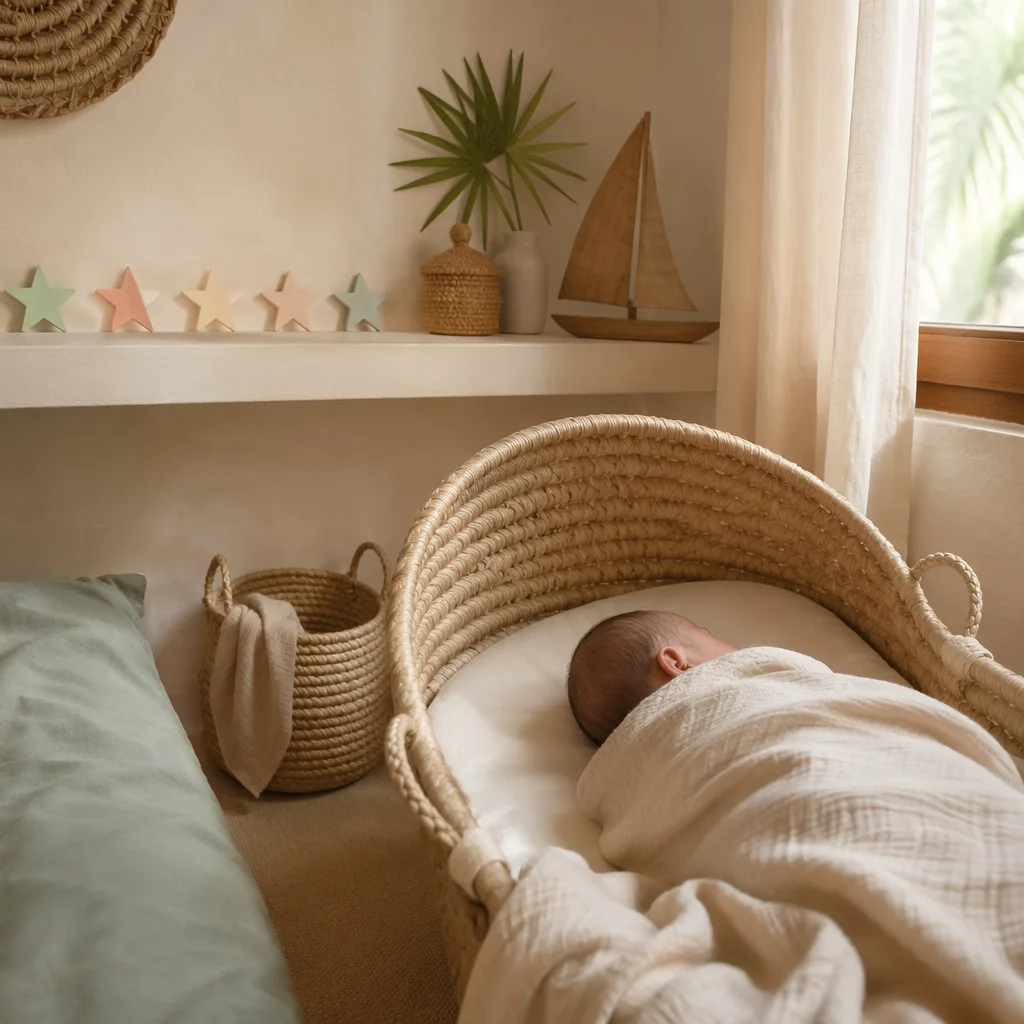 Peaceful newborn in a soft Swahili-inspired nursery with warm pastel tones.