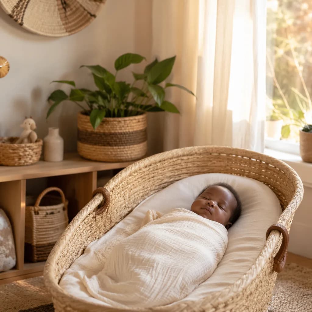 Sleeping baby in a soft pastel Swahili-inspired nursery with warm gentle light.