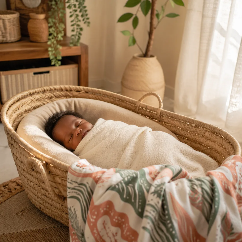 Sleeping baby in a warm pastel Swahili-inspired nursery with woven textures.