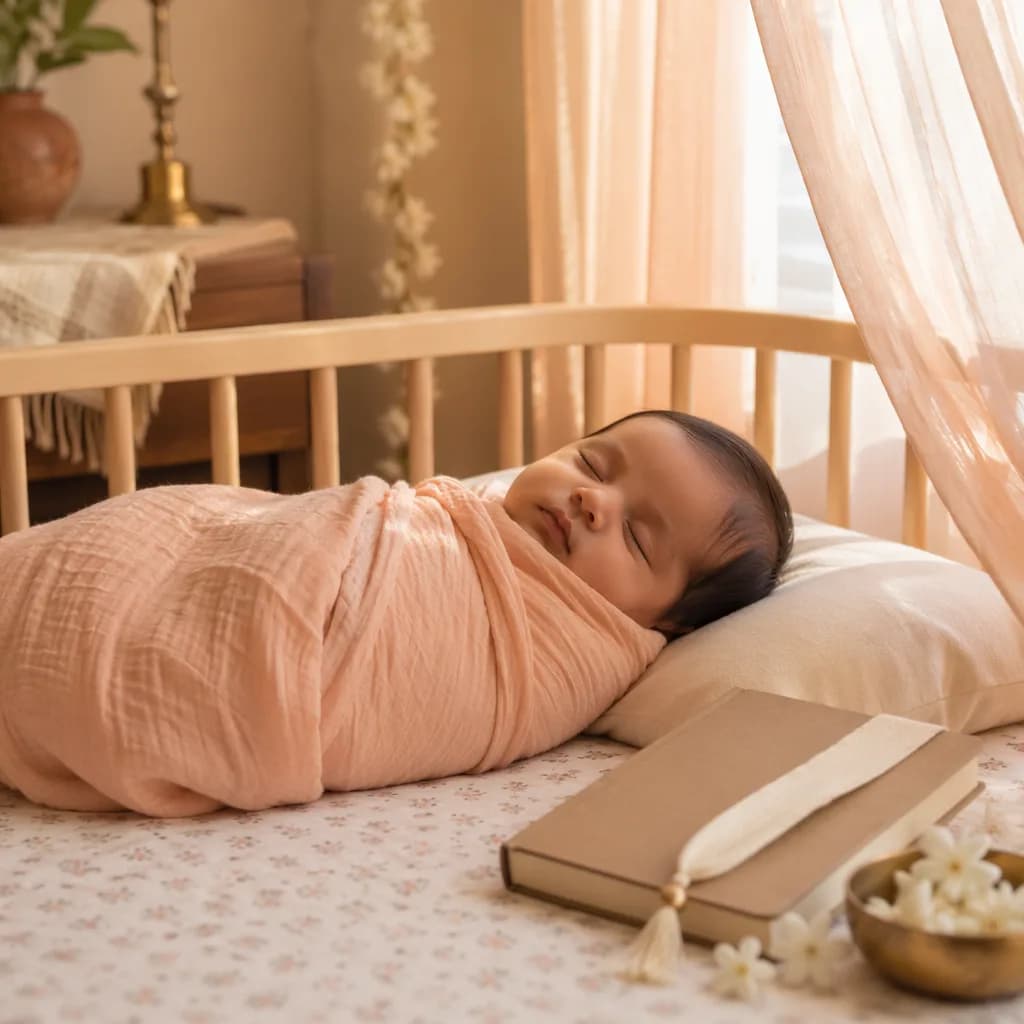 Soft pastel Indian-inspired nursery with a peacefully swaddled baby and poetic details.