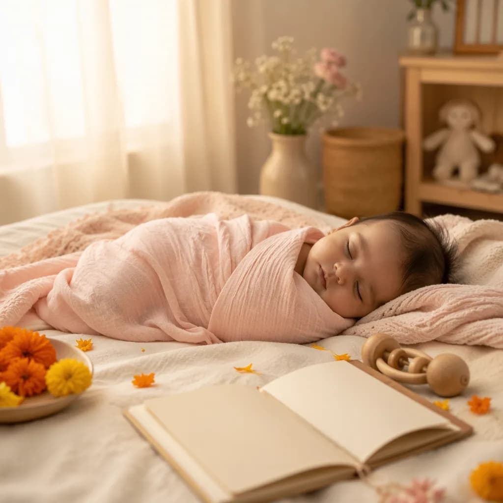 Sleeping baby in a soft pastel nursery with marigold petals and a blank poetry notebook.